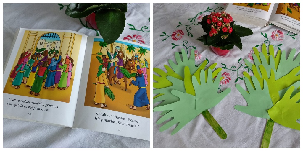 Cvjetnica u obitelji, dječja Biblija i palmine grane od otisaka ručica