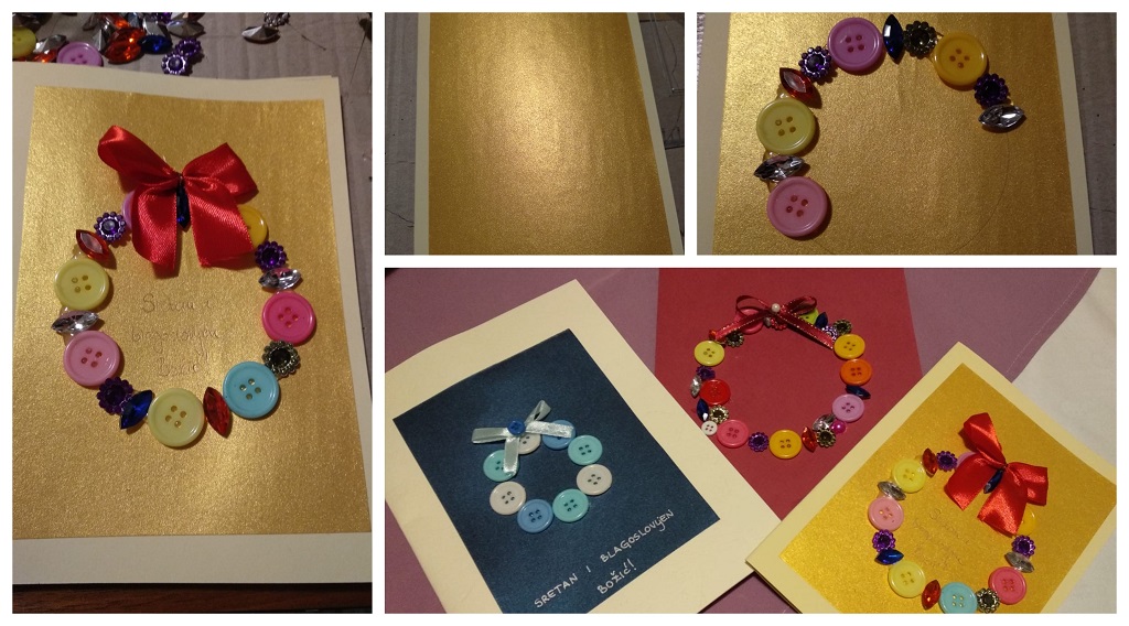 božićne čestitke, vijenac od dugmadi i perlica