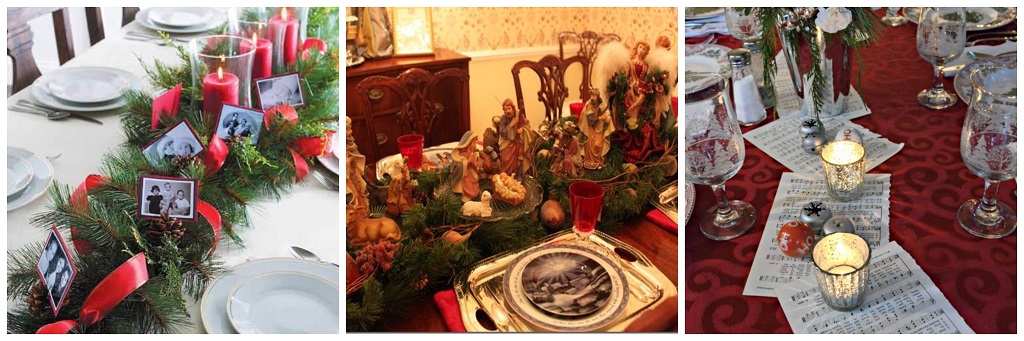 dekoracije na sredini stola, sveta obitelj, notni zapis, borove grančice, božićni stol